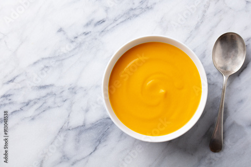 Pumpkin, butternut squash soup in white bowl. Marble background. Copy space. Top view.