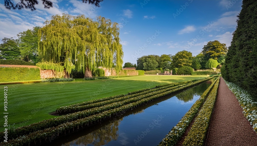 english garden with willow tree, AI generated