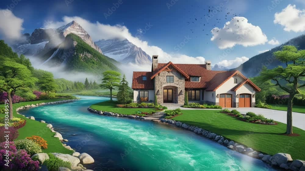 blue river atmosphere in front of the house with a view of the mountains, seamless looping 4k video animation background blue river atmosphere in front of the house with a view of the mountains, seamless looping 4k video animation background
