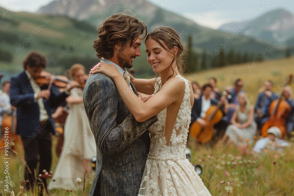 Elegant Outdoor Wedding Celebration With Live Music in a Scenic Mountain Setting During Late Afternoon Elegant Outdoor Wedding Celebration With Live Music in a Scenic Mountain Setting During Late Afternoon