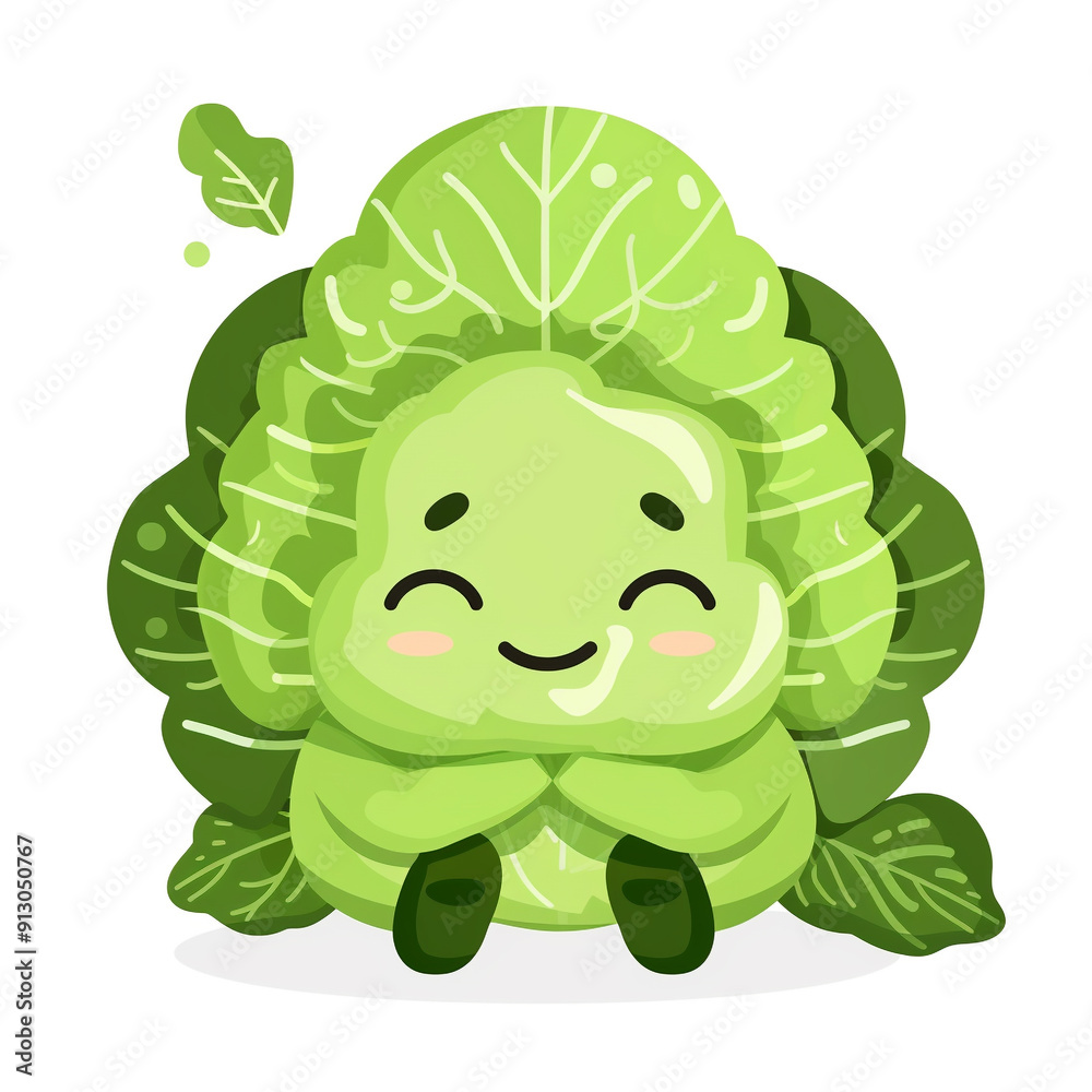 Obraz premium Happy cartoon cabbage character sitting among green leaves