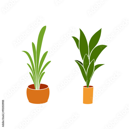 Set of houseplants in a pots for home, office, premises decor. Vector collection of illustrations isolated on white background. Trendy home decor with plants, urban jungle.