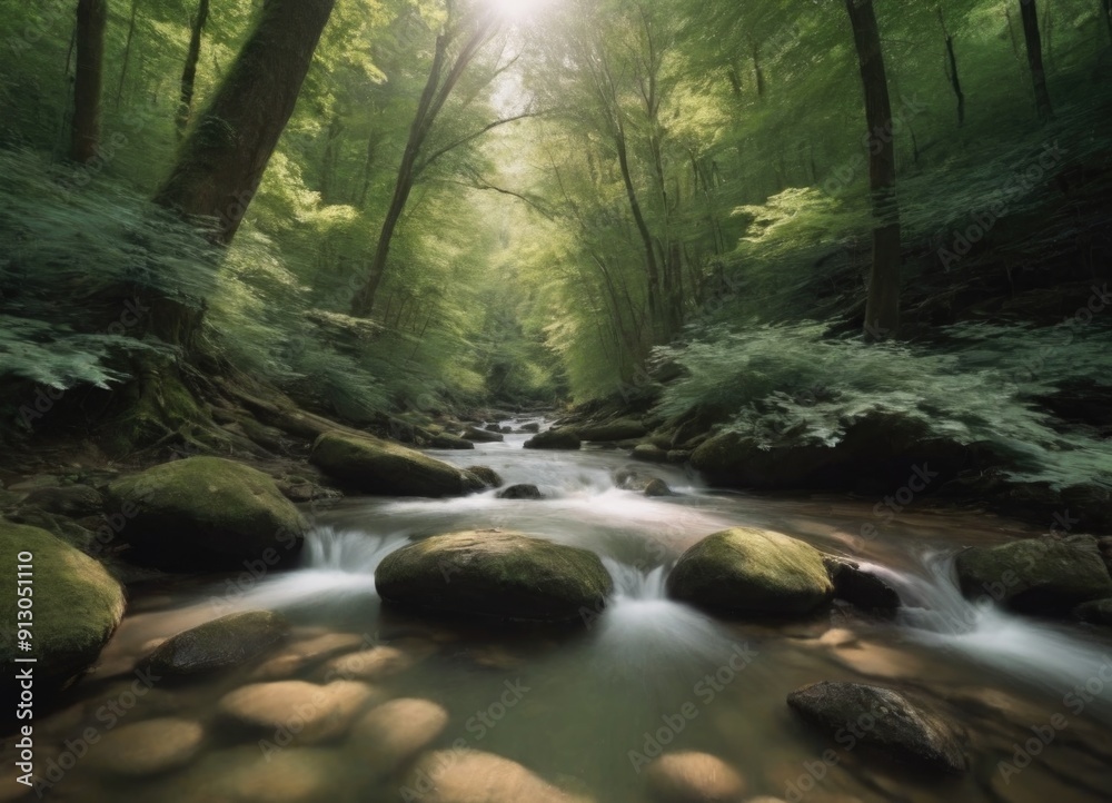 A tranquil stream gently flowing through a lush green forest, creating a peaceful atmosphere A tranquil stream gently flowing through a lush green forest, creating a peaceful atmosphere
