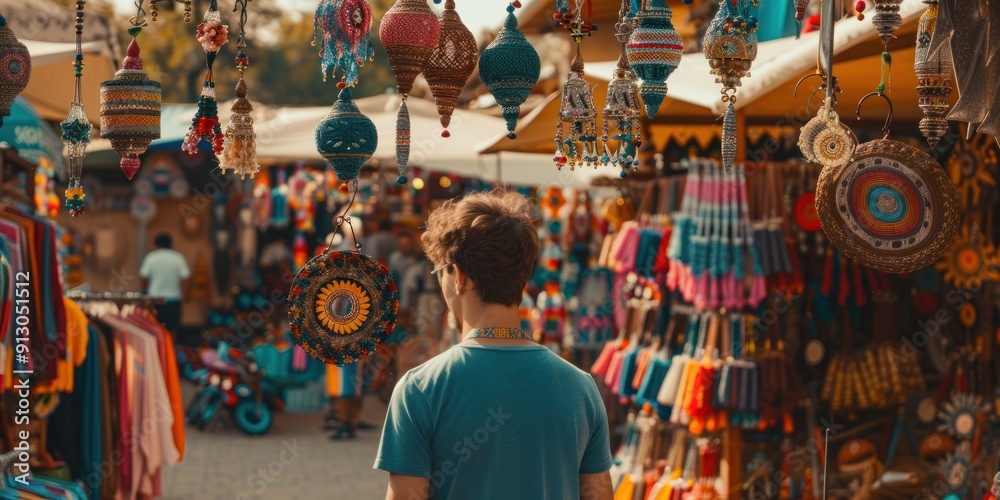 Fototapeta premium Man browsing colorful souvenirs at an outdoor market.