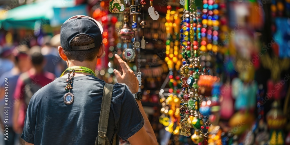 Fototapeta premium Man Browsing Colorful Souvenirs at a Market Stall.
