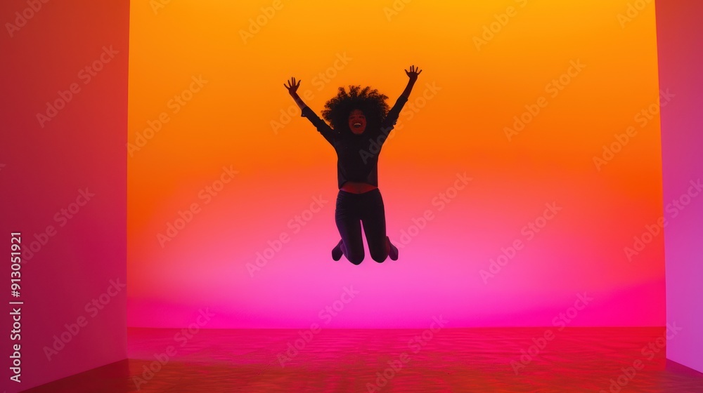 Joyful Woman Jumping in Pink and Orange Studio. Joyful Woman Jumping in Pink and Orange Studio.