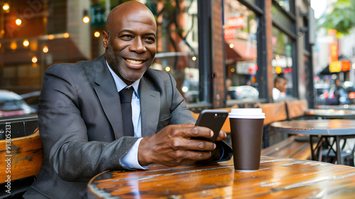 A professional in a grey suit checking his smartphone while sitting at an outdoor cafe. 