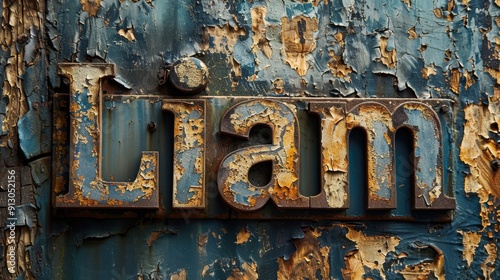 Weathered and rusted metal sign with the name 'Liam' in aged, peeling paint textures, evoking vintage and industrial elements.