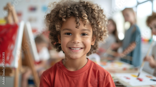 a boy smiling at camera in classroom