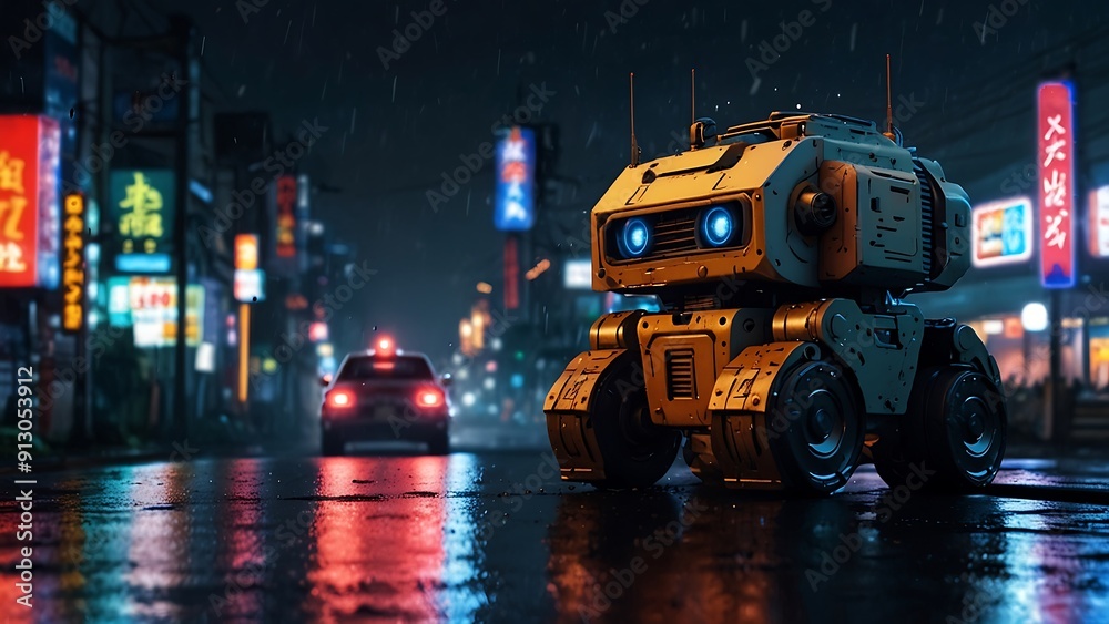 A Robot In futuristic city or city of the future from science fiction with RGB Neon Light Background, City Of Japan A Robot In futuristic city or city of the future from science fiction with RGB Neon Light Background, City Of Japan