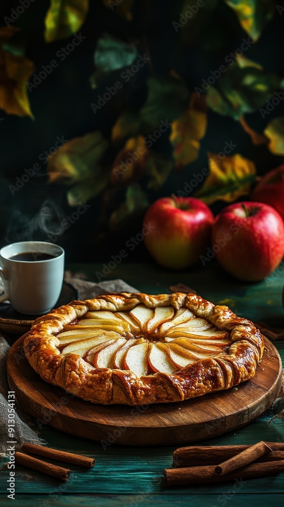 Rustic Apple Galette with Golden Crust on Wooden Board Against Dark Green Background - Cozy Fall Dessert Scene Rustic Apple Galette with Golden Crust on Wooden Board Against Dark Green Background - Cozy Fall Dessert Scene