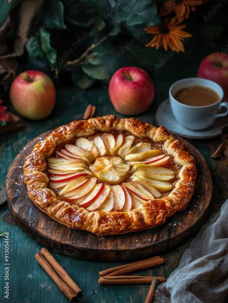 Rustic Golden-Brown Apple Galette with Cinnamon Sticks on Wooden Board, Dark Green Background, and Coffee Cup - Food Photography Rustic Golden-Brown Apple Galette with Cinnamon Sticks on Wooden Board, Dark Green Background, and Coffee Cup - Food Photography