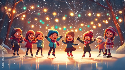 Cartoon characters enjoying a winter festival with ice skating hot cocoa and festive lights