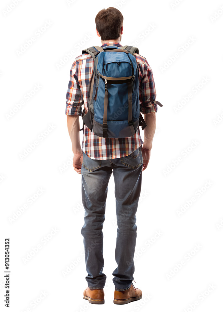 Rear view of male tourist carrying backpack isolated on a transparent background Rear view of male tourist carrying backpack isolated on a transparent background