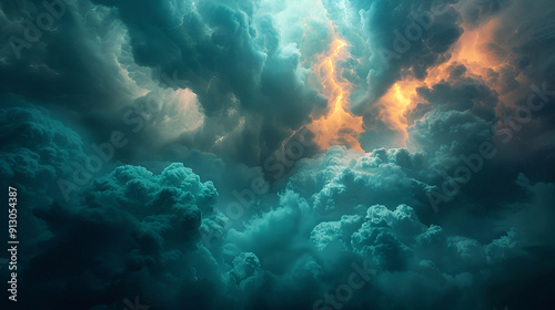 Dramatic sky with lightning striking through dark storm clouds, creating a powerful and evocative atmosphere