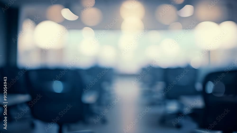 Conference room bokeh with blurred chairs and soft, overhead lighting.