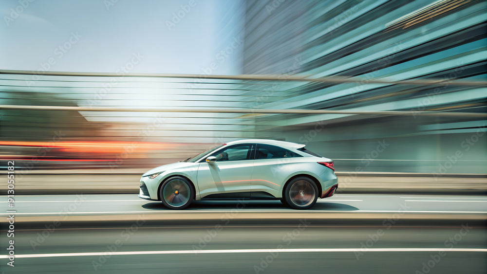 Obraz premium a car in motion, with blurred buildings in the background, creating a sense of speed