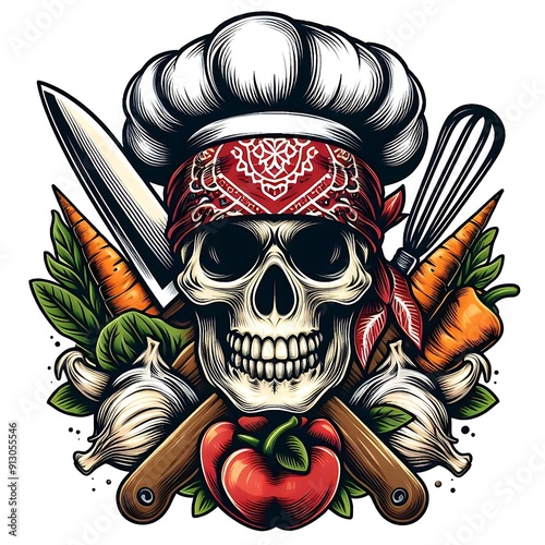 A skull wearing a bandana and a chef hat with vegetables and a whisk photo