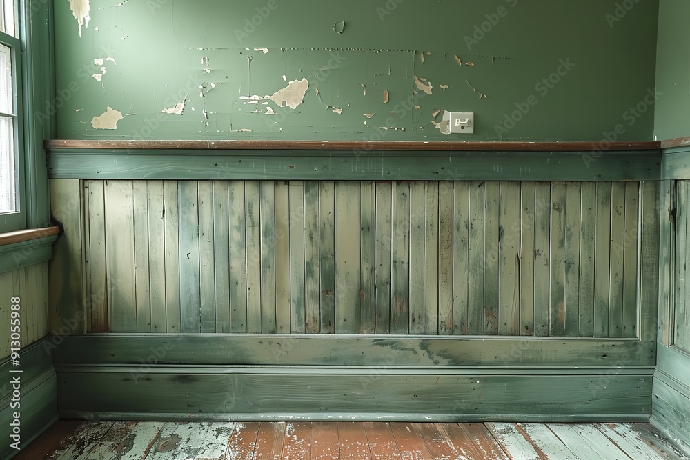 Sage green wall featuring diverse textures and paneling, including ...
