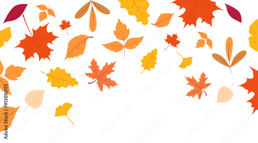 Obraz premium Autumn falling leaves. Yellow, brown, orange leaves flying on transparent vector background.