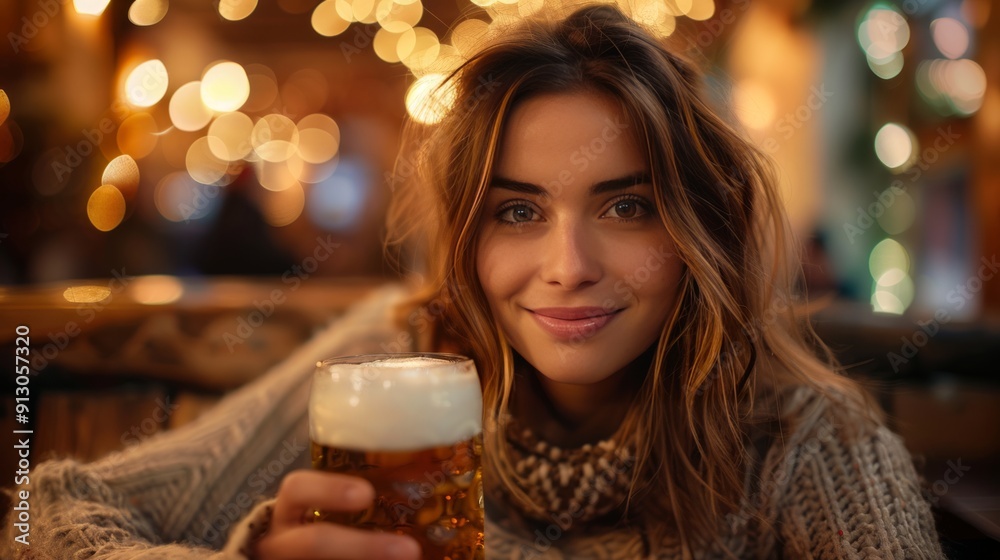 Woman enjoying a beer in a cozy pub Woman enjoying a beer in a cozy pub