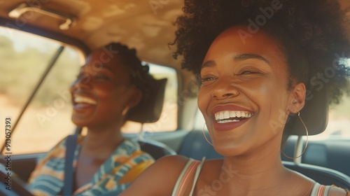 Two women joyfully driving in the sunlit car