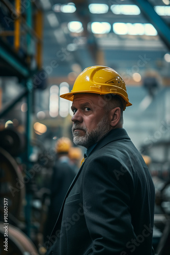 A businessman, middle-aged manager dressed in a suit and safety clothes in a factory, checking and controlling work in warehouses.