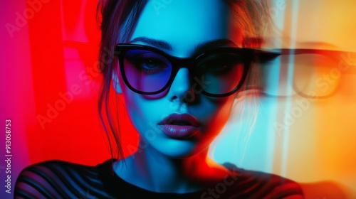 A woman with glasses is standing in front of a colorful background