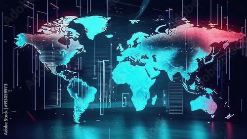 Abstract digital world map, global network and communication concept, data transfer and cyber technology, information exchange and telecommunication,