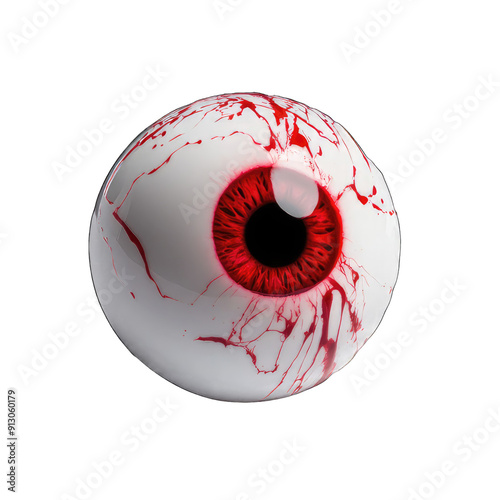 A close-up of a bloody eyeball, with a red iris and black pupil