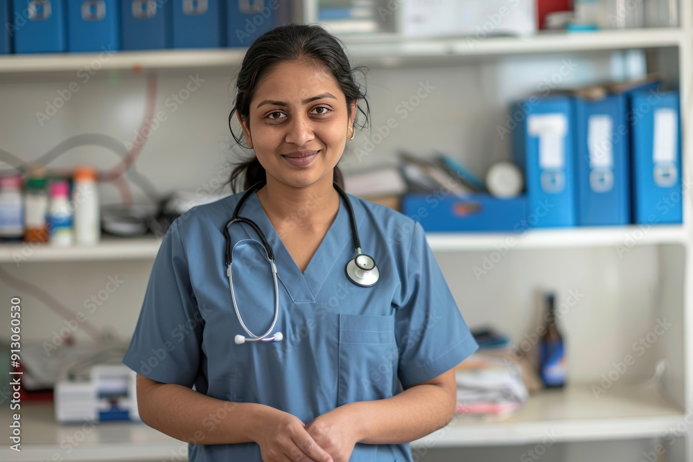 young indian nurse standing at medical office young indian nurse standing at medical office