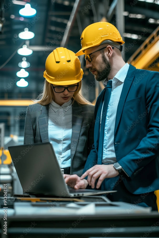A manager talks to an engineer holding blueprints and a computer, analyzing a work plan in an industrial warehouse.