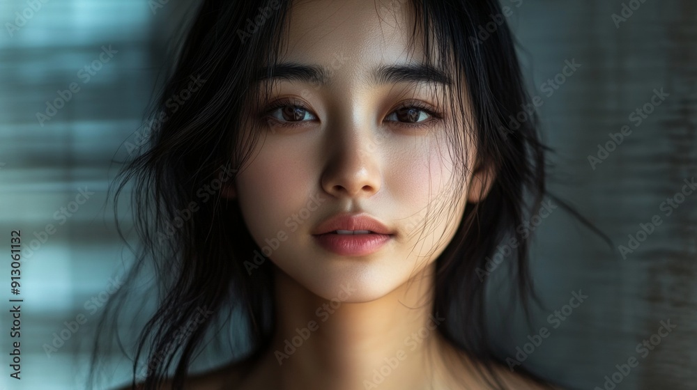 A woman with long dark hair and a serious expression