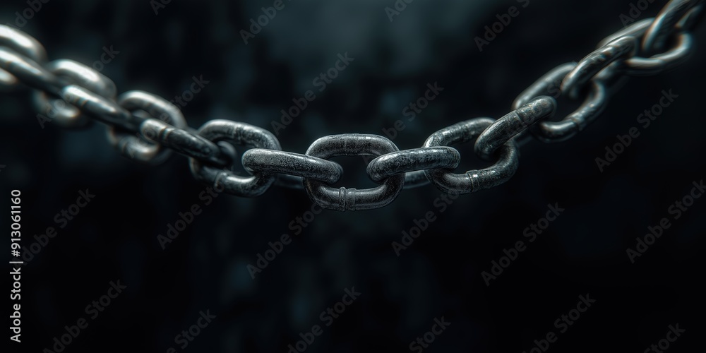 Close-Up of Worn Metal Chain Links in High Resolution Against Dark Background, Symbolizing Strength and Connection Close-Up of Worn Metal Chain Links in High Resolution Against Dark Background, Symbolizing Strength and Connection
