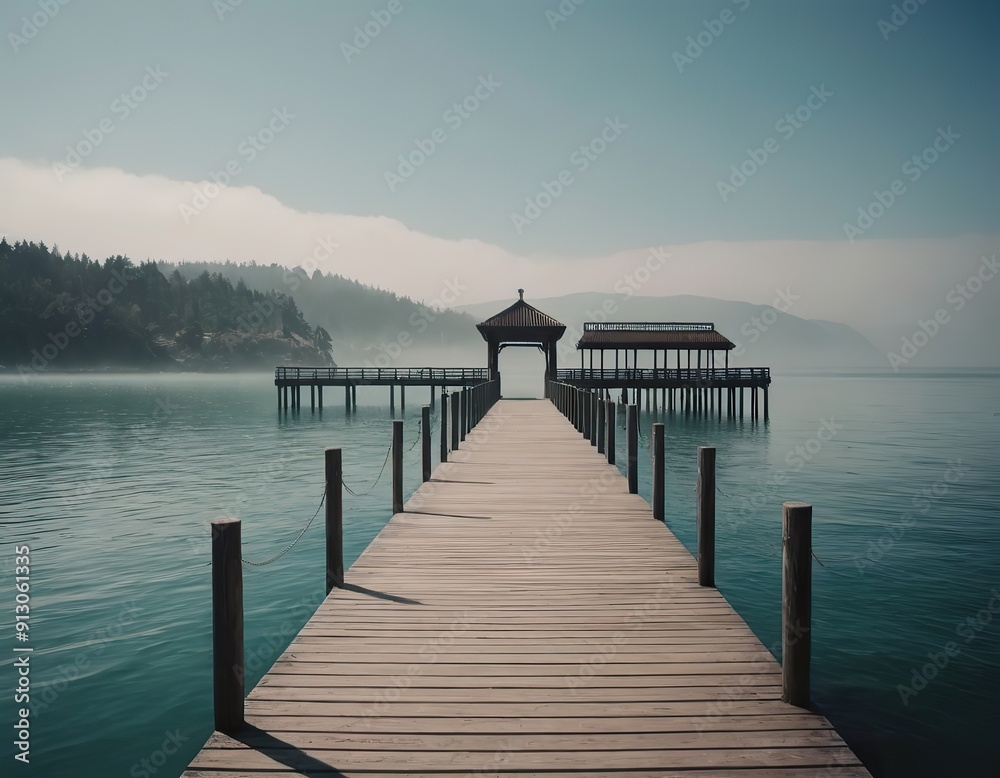 Fototapeta premium A Beautiful Serene Lake View Featuring a Wooden Pier Set Within a Misty Landscape Scene