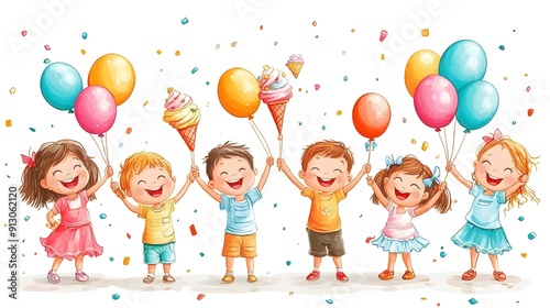 Cartoon kids celebrating Children's Day with games balloons and ice cream