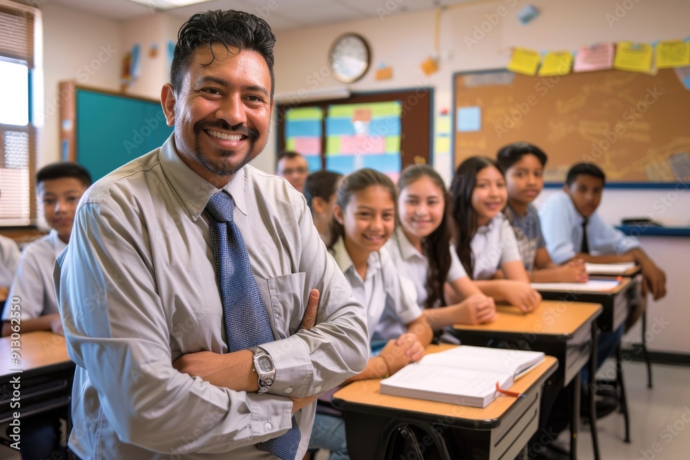 Smiling Latino teacher with his diverse group of pupils in a classroom, showcasing the positive and multicultural environment of modern schooling. Smiling Latino teacher with his diverse group of pupils in a classroom, showcasing the positive and multicultural environment of modern schooling.