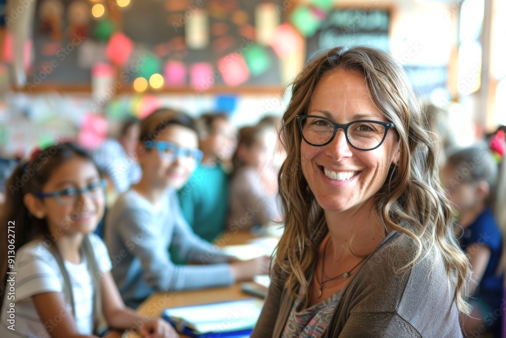 Cheerful portrait of a female teacher surrounded by her pupils in a classroom, highlighting the energetic and welcoming vibe of back-to-school. Cheerful portrait of a female teacher surrounded by her pupils in a classroom, highlighting the energetic and welcoming vibe of back-to-school.