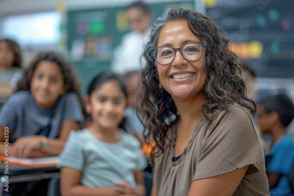 Latino American female teacher with a big smile and her diverse group of pupils in a classroom, highlighting the positive and dynamic back-to-school atmosphere.
Latino American female teacher with a big smile and her diverse group of pupils in a classroom, highlighting the positive and dynamic back-to-school atmosphere.