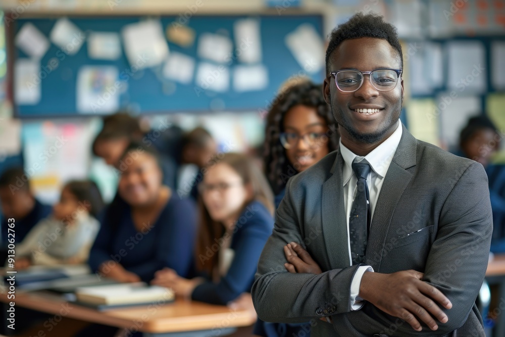 Cheerful African American teacher with a warm smile surrounded by his enthusiastic pupils in a colorful classroom, showcasing a multicultural and positive learning environment. Back to school concept. Cheerful African American teacher with a warm smile surrounded by his enthusiastic pupils in a colorful classroom, showcasing a multicultural and positive learning environment. Back to school concept.