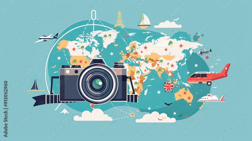Camera with world travel elements, planes, ships, & map