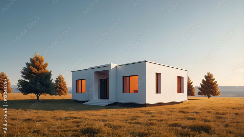 Obraz premium 3D rendering of a minimalistic simple house on a white background, design and project of a country house,