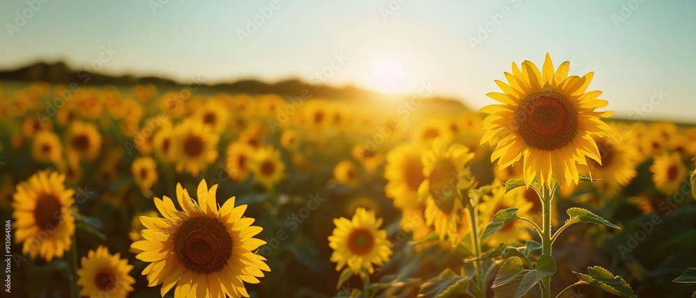 Obraz premium Sunlit Serenity: Cinematic Documentary Style Photo of Cheerful Summer in a Field of Sunflowers at Golden Hour in the Countryside