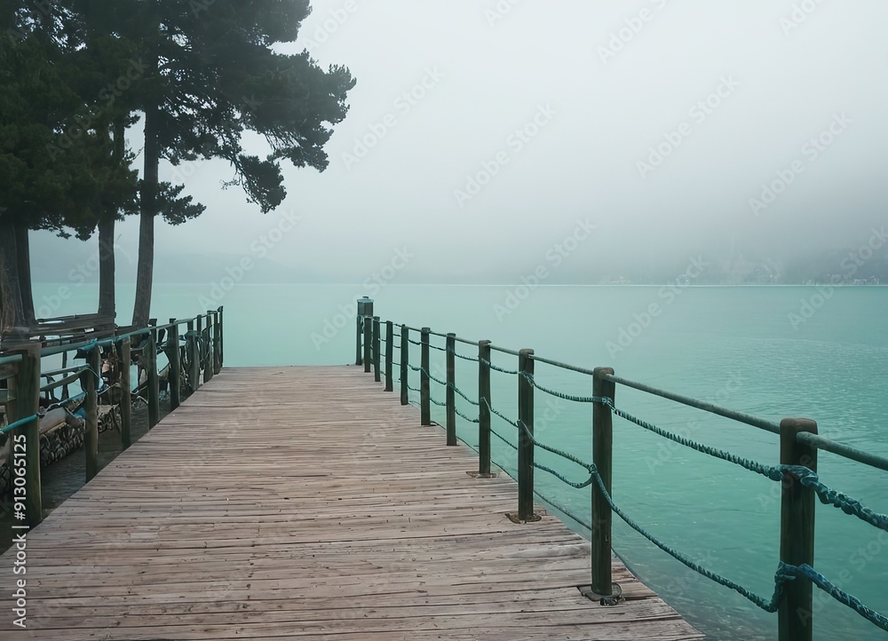 Naklejka premium A Beautiful Serene Lake View Featuring a Wooden Pier Set Within a Misty Landscape Scene