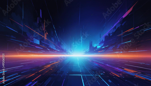  A futuristic, abstract landscape with a glowing purple horizon and a grid of lines and shapes in various shades of blue, orange, and purple, creating a sense of depth and movement 