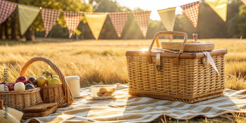 Fototapeta Naklejka Na Ścianę i Meble -  Fun Family Picnic Banner with Picnic Baskets and Grassy Meadows