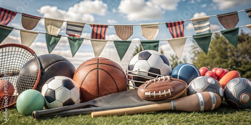 Fun Sports Day Banner with Various Sports Equipment and Green Fields photo