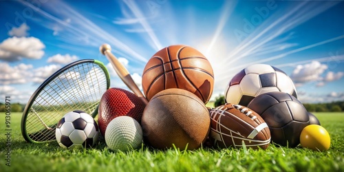 Fun Sports Day Banner with Various Sports Equipment and Green Fields