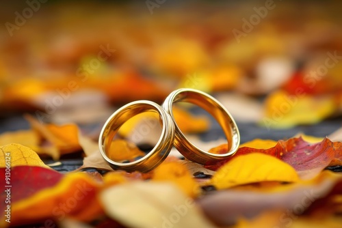 Autumn wedding bands amidst colorful fallen leaves