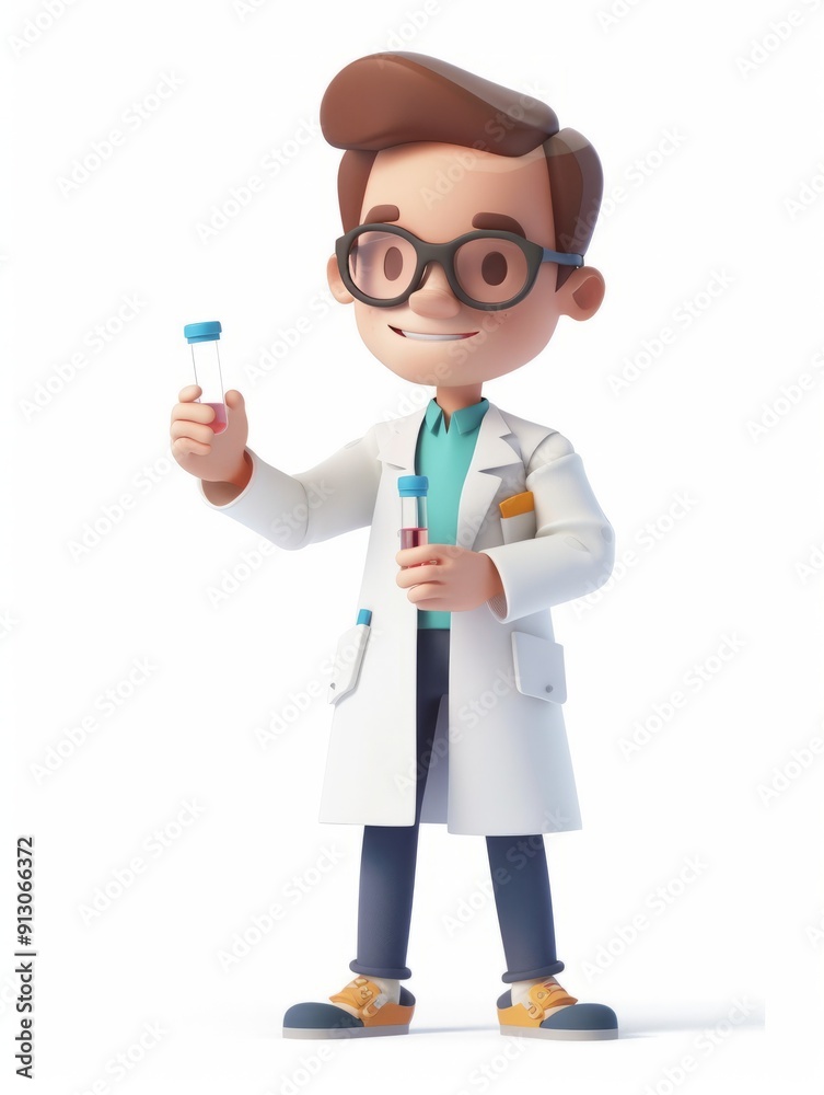Happy lab scientist holding test tubes. A cheerful cartoon scientist holds two test tubes, one with a red liquid and one empty. He wears a white lab coat, glasses, and a blue shirt. Happy lab scientist holding test tubes. A cheerful cartoon scientist holds two test tubes, one with a red liquid and one empty. He wears a white lab coat, glasses, and a blue shirt.
